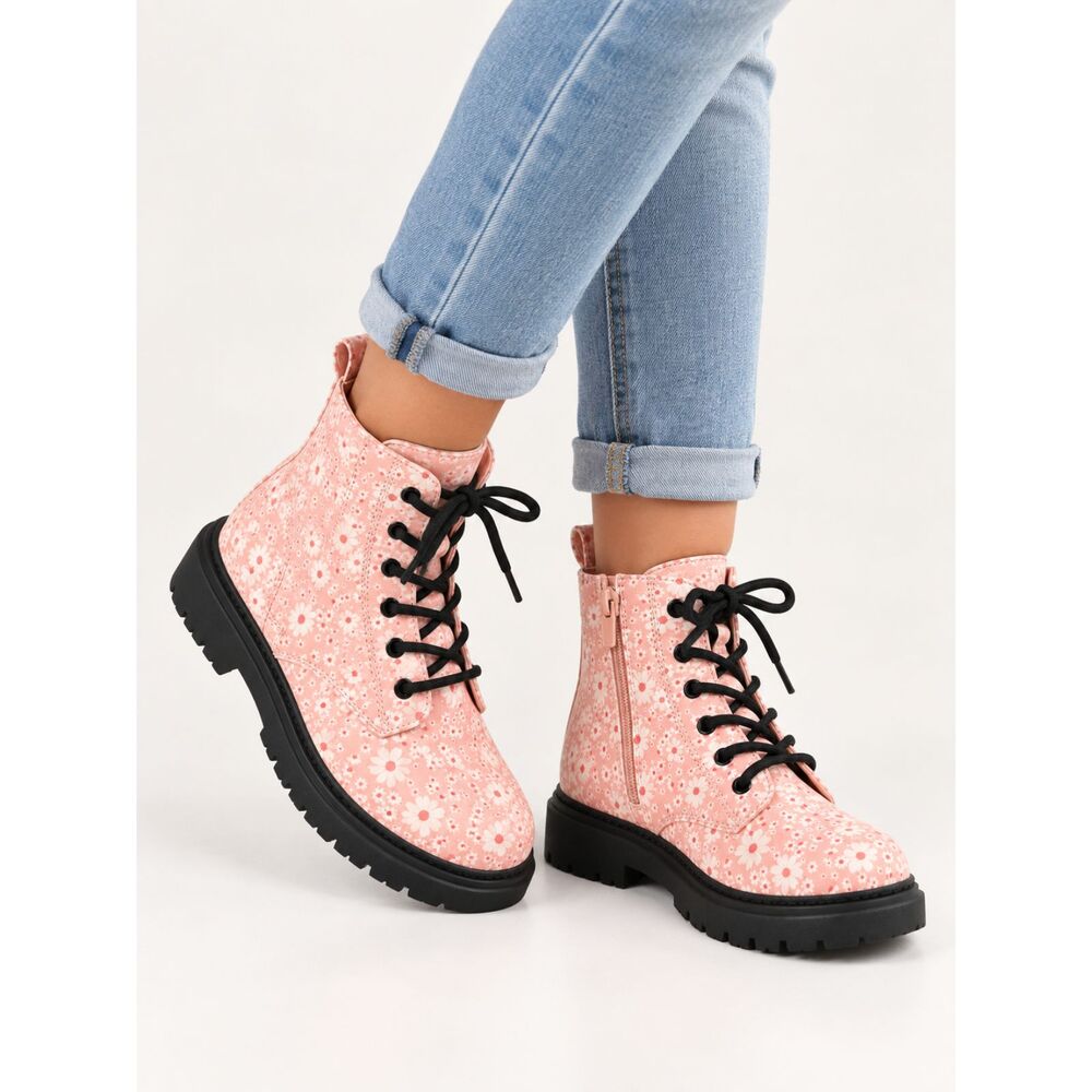 Art Class Girls Kayden Pink Floral Daisy Combat Boots Youth Size 4 Chunky Lug